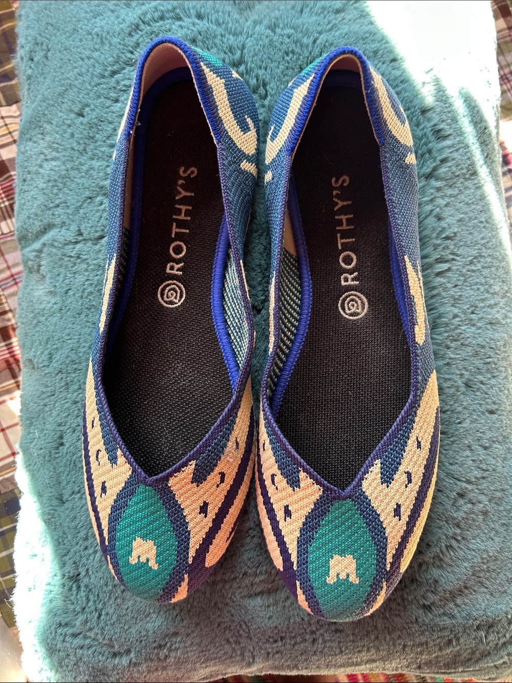 Rothy's Blue, Teal & Cream Knit Pointed Ballet Flats